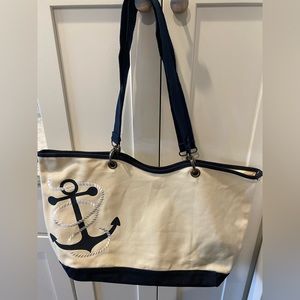 Canvas Crew Tote By Thirty-One Navy Blue Cream Nautical Anchor